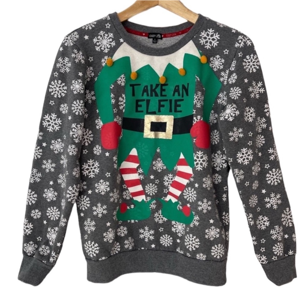 Ugly Christmas Sweatshirt Cozy Zoe Take an Elfie Snowflake Women’s Size Small